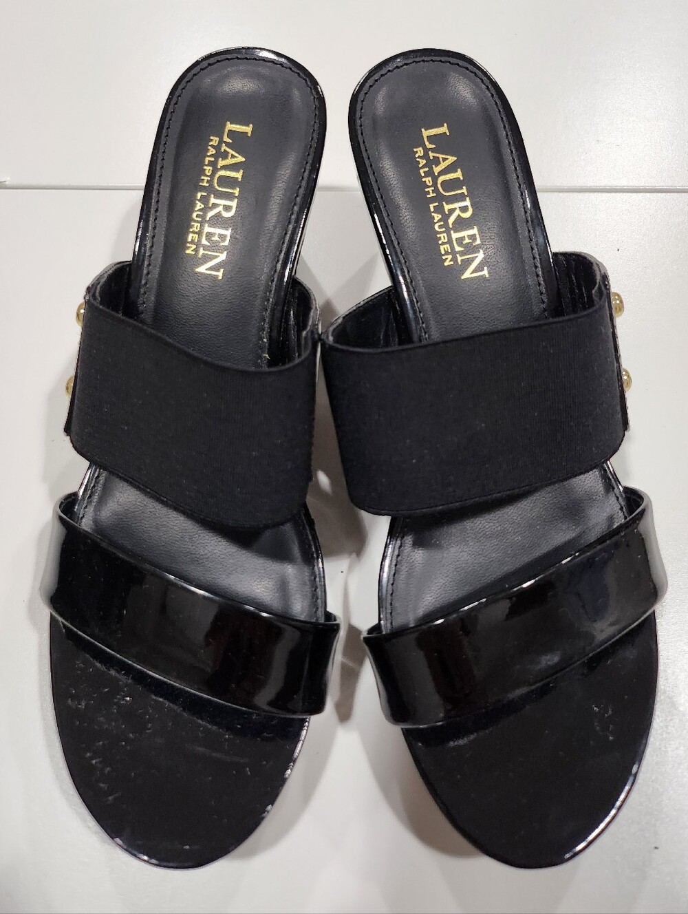 Lauren Ralph Lauren Black Patent Leather Wedge Sandals Size 5.5B Gold Studs